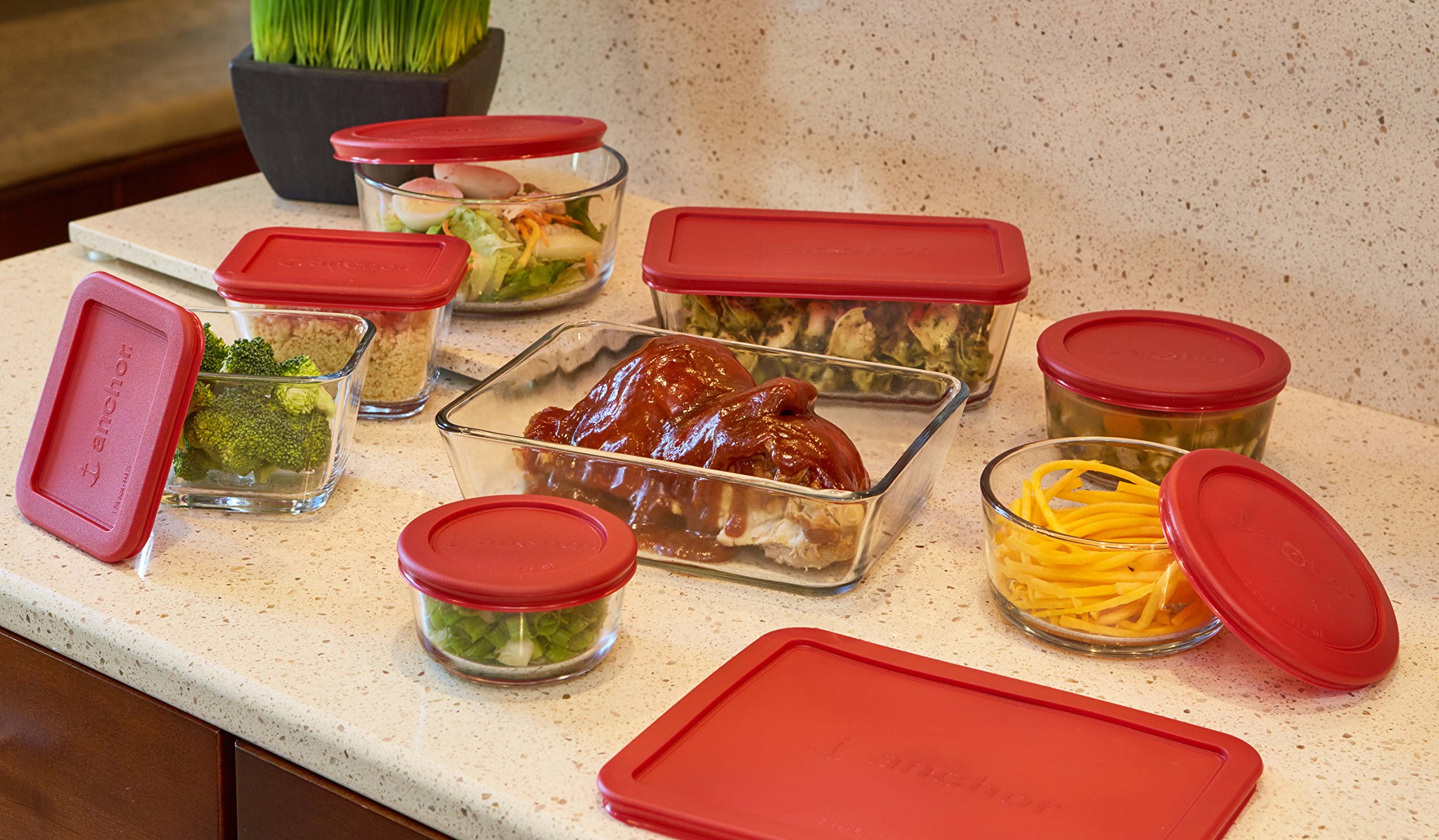 Anchor Hocking Classic Glass Food Storage Containers with Lids, Red, 16-Piece Set - Image 3